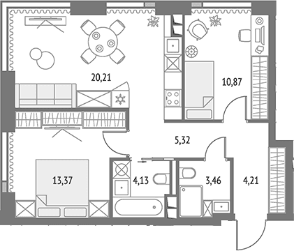 Планировка: Евротрёшка 61,6 м² в ЖК «Апсайд Тауэрс»