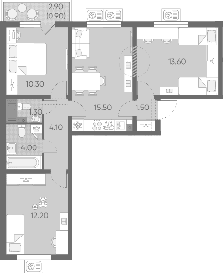 Планировка: Квартира евро-4 62,5 м² в ЖК «Ручьи 2»