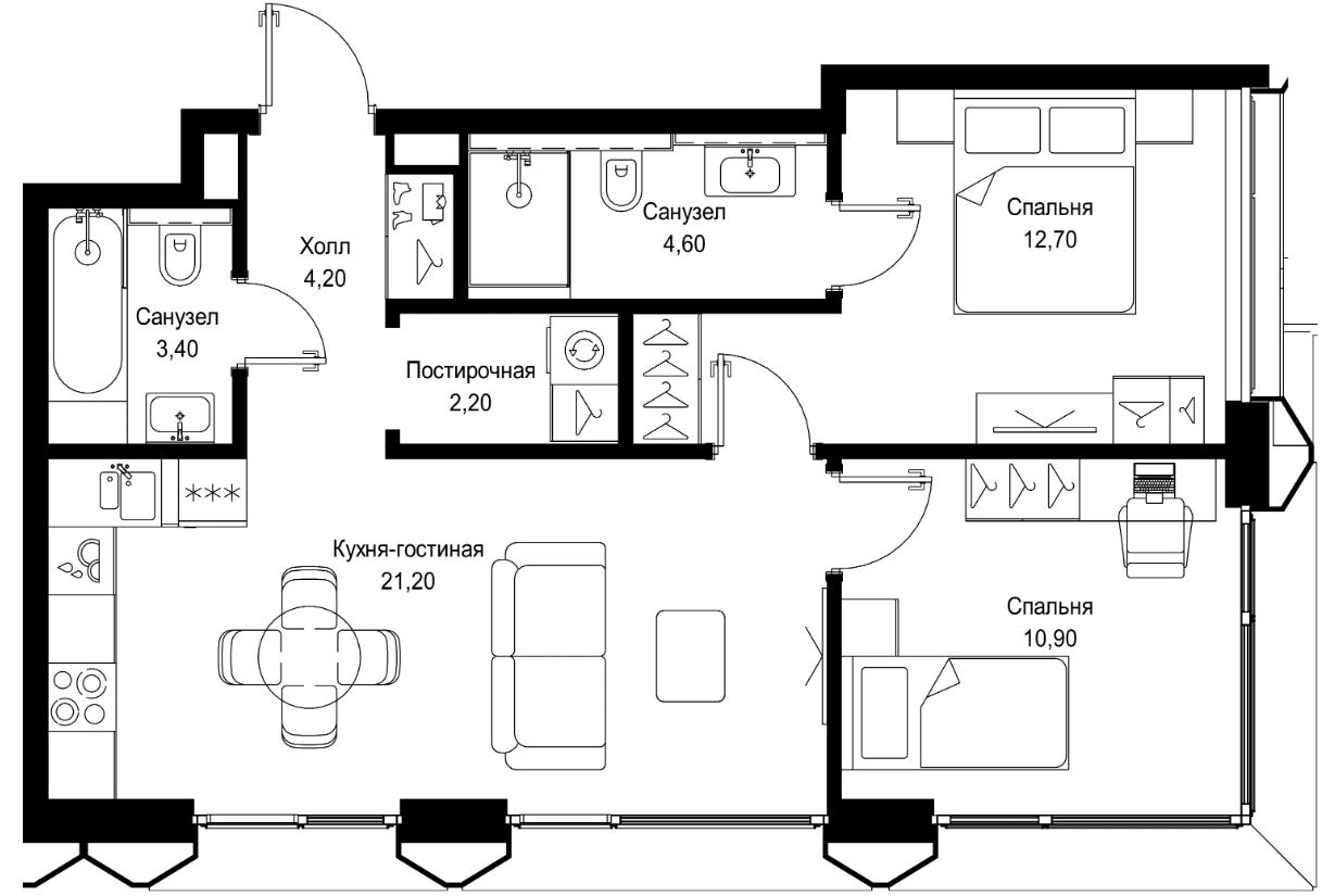 Планировка: Евротрёшка 59,2 м² в ЖК «СИТИДЗЕН»