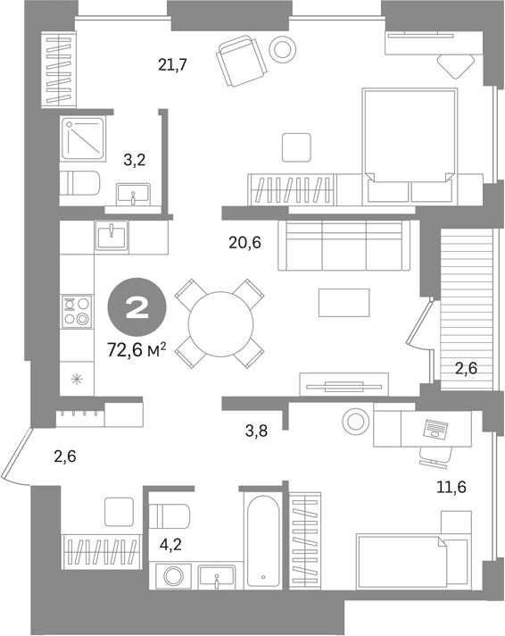 Планировка: 2-комнатная квартира 70 м² в ЖК «Первый квартал. Вторая очередь»