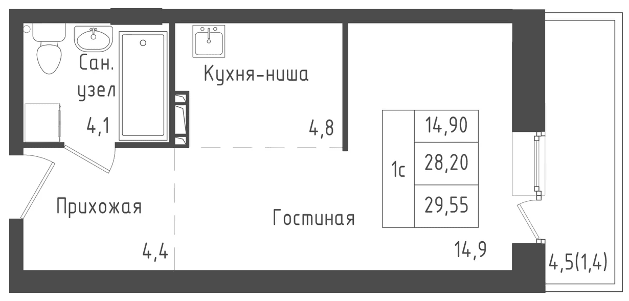 Планировка: Студия 28,2 м² в ЖК «Зеленый город»