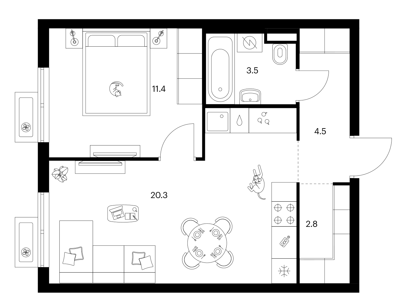 Планировка: 1-комнатная квартира 42,5 м² в ЖК «Ярославский»