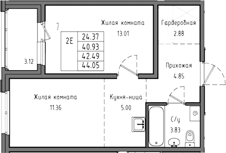 Планировка: Евродвушка 40,9 м² в ЖК «Тишин»
