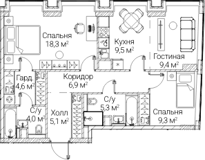 Планировка: Евротрёшка 72,5 м² в ЖК «СЕЗАР БУДУЩЕЕ»
