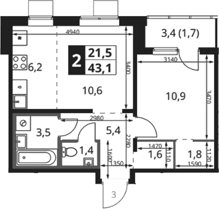 Планировка: Евродвушка 42,5 м² в ЖК «1-й Ясеневский»