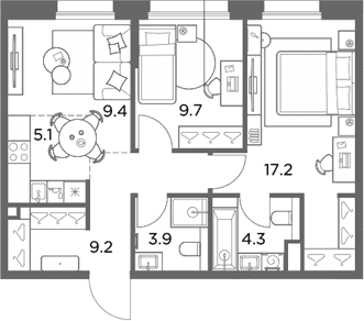 Планировка: Евротрёшка 58,8 м² в ЖК «Станиславский»