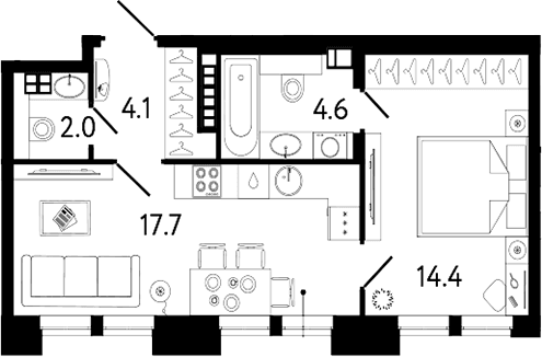 Планировка: Евродвушка 42,8 м² в ЖК «Коллекционер»