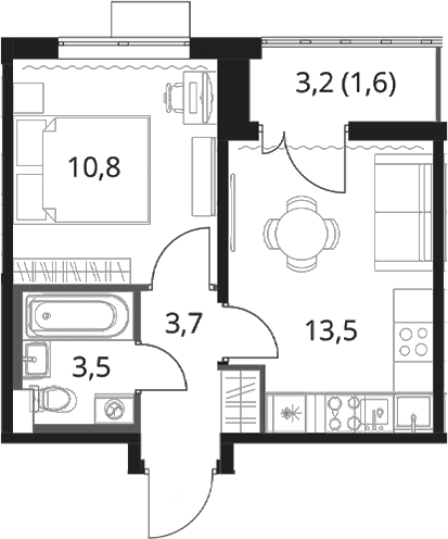 Планировка: 1-комнатная квартира 31,5 м² в ЖК «1-й Шереметьевский»