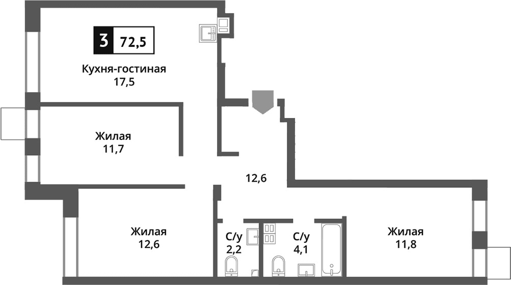 Планировка: Квартира евро-4 72,5 м² в ЖК «Никольский квартал Отрада»
