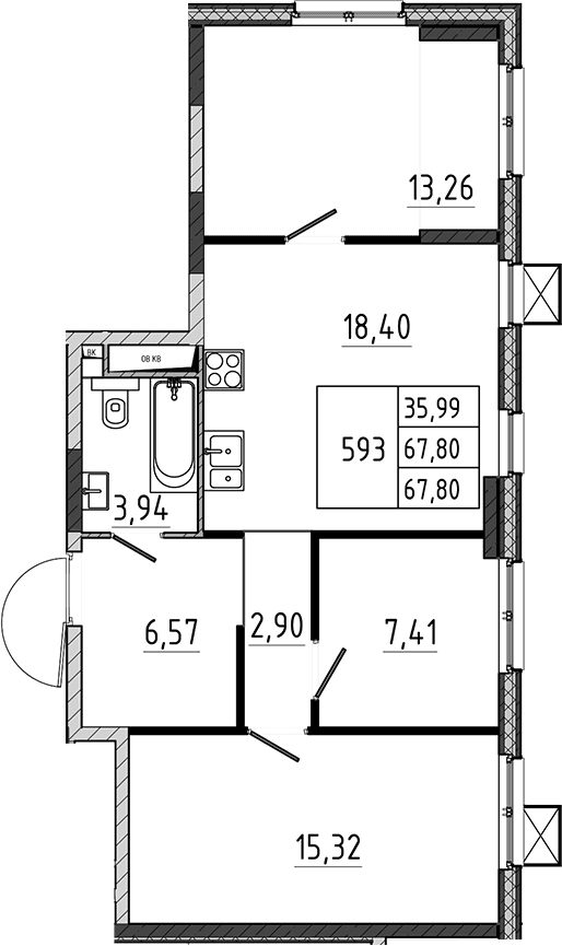 Планировка: Квартира евро-4 67,8 м² в ЖК «Поварово-Молодежный-2»