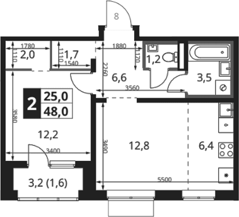 Планировка: Евродвушка 47,4 м² в ЖК «1-й Ясеневский»
