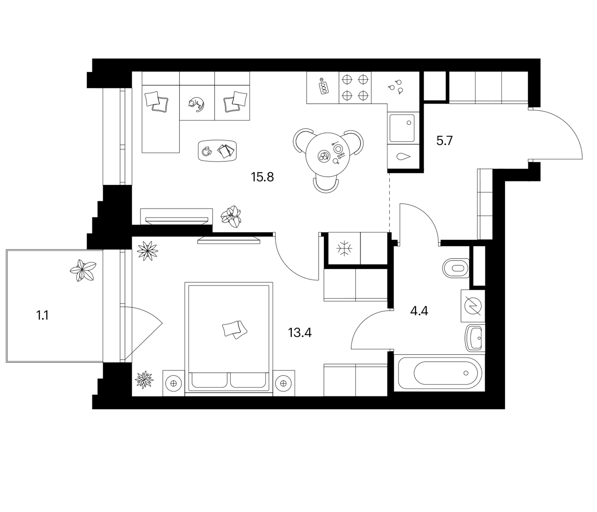 Планировка: 1-комнатная квартира 39,3 м² в ЖК «Зеленый парк»