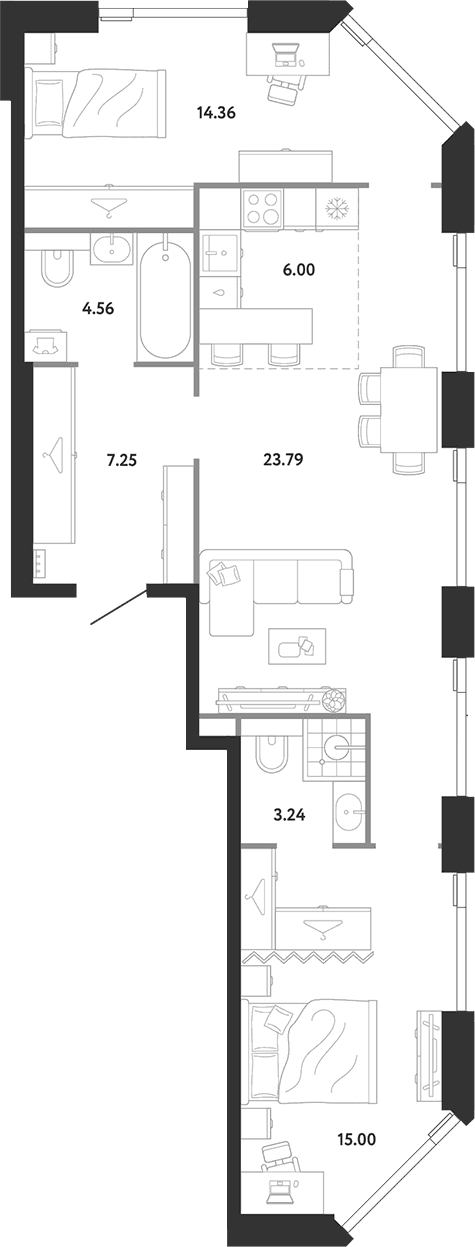 Планировка: 2-комнатная квартира 74,2 м² в ЖК «Ридж»
