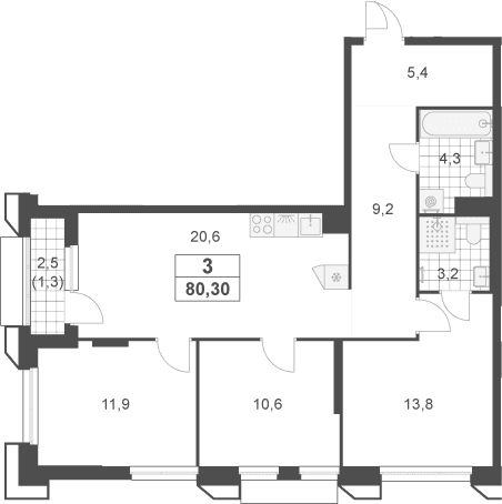 Планировка: Квартира евро-4 79 м² в ЖК «Южные сады»