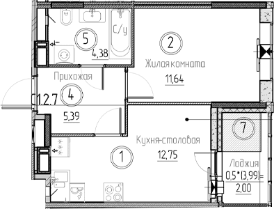 Планировка: 1-комнатная квартира 34,2 м² в ЖК «Аквилон Верба»