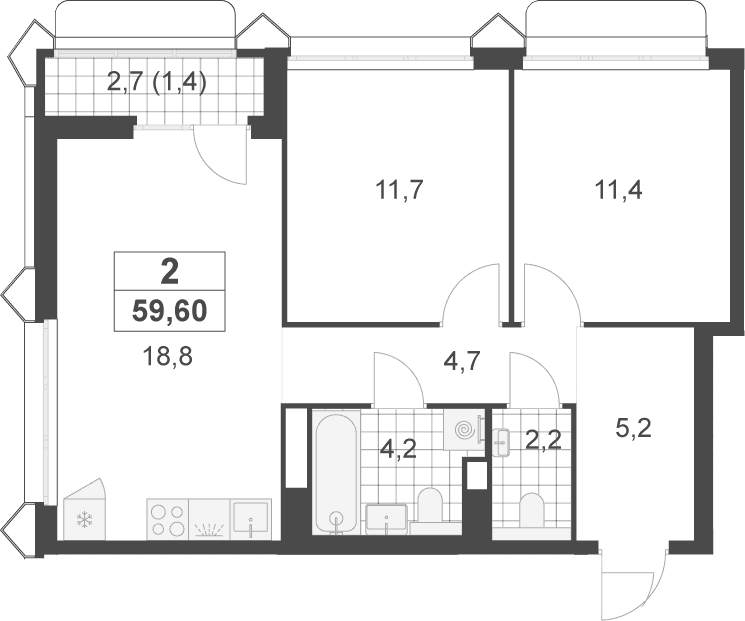 Планировка: Евротрёшка 58,2 м² в ЖК «Деснаречье»