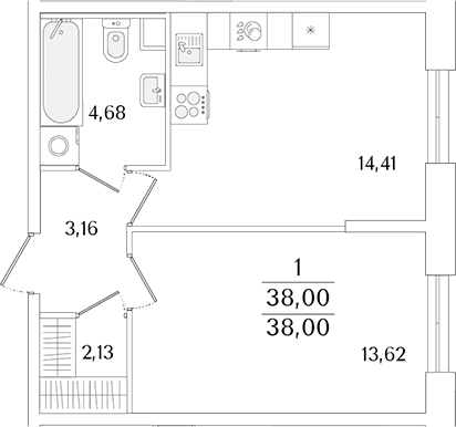 Планировка: Евродвушка 38 м² в ЖК «Кинопарк»