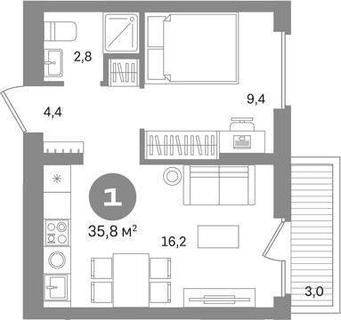 Планировка: 1-комнатная квартира 32,8 м² в ЖК «Первый квартал. Вторая очередь»