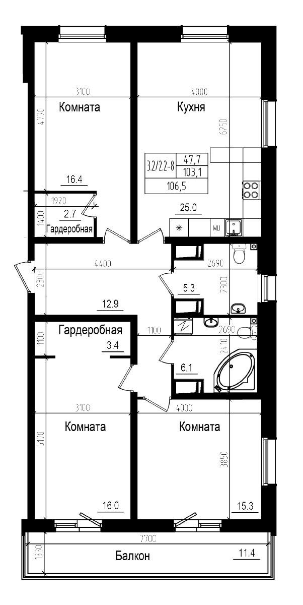 Планировка: Квартира евро-4 103,2 м² в ЖК «Прагма Сити»