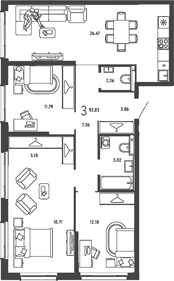 Планировка: 3-комнатная квартира 92,8 м² в ЖК «Страна.Парковая»