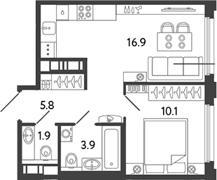 Планировка: Евродвушка 38,6 м² в ЖК «Гений»