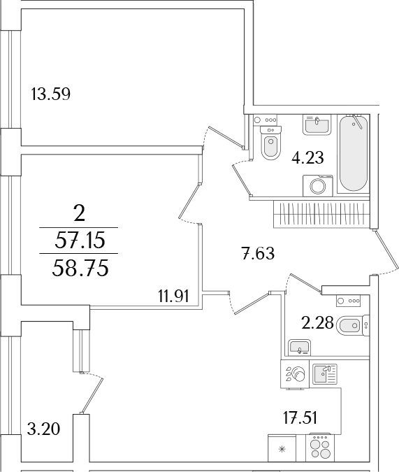 Планировка: 2-комнатная квартира 57,2 м² в ЖК «Аурум»