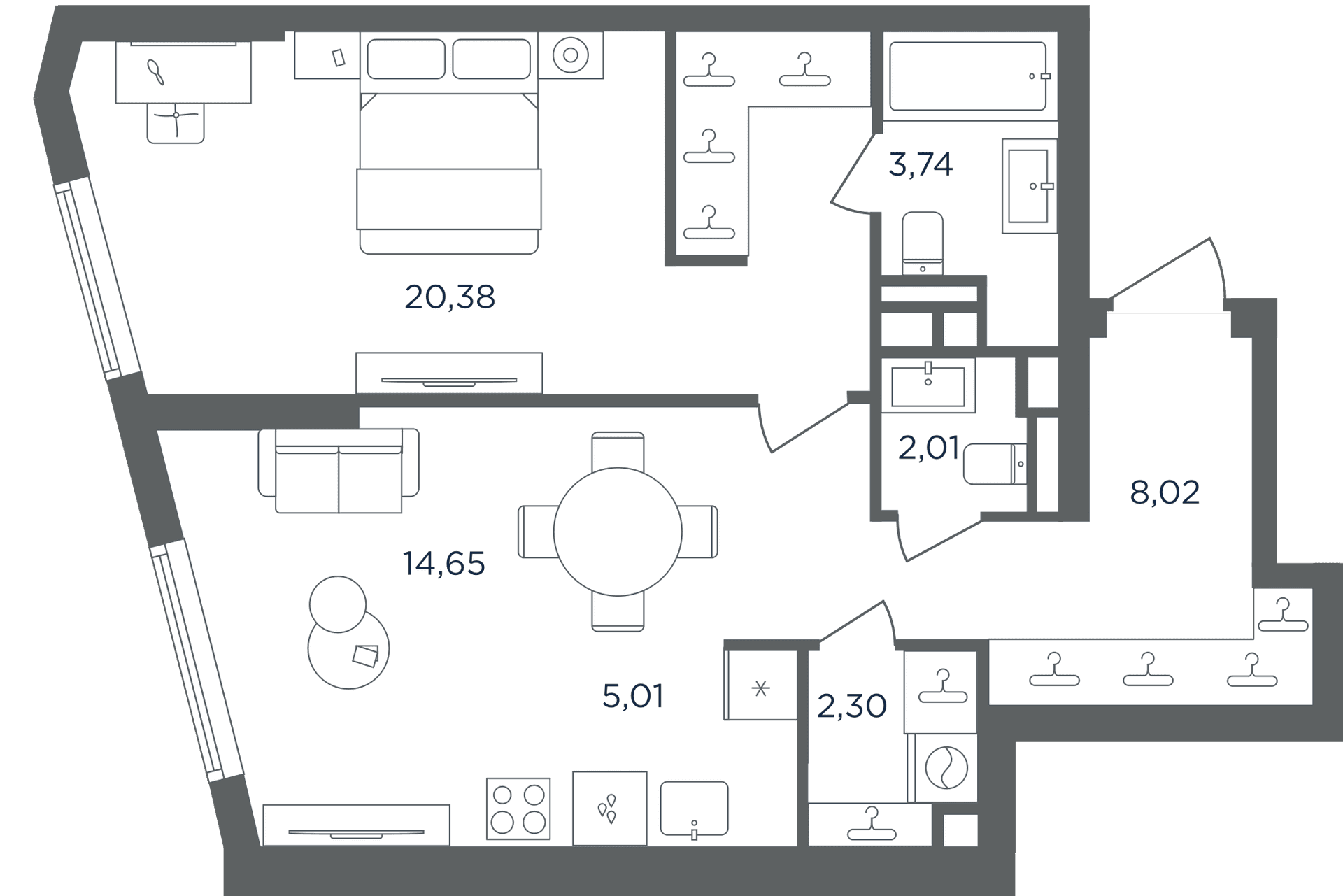 Планировка: Евродвушка 56,1 м² в ЖК «Сикрет Гарден»