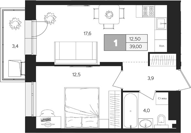 Планировка: 1-комнатная квартира 38 м² в ЖК «Ласточкино»
