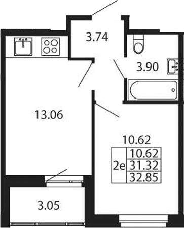 Планировка: Евродвушка 31,3 м² в ЖК «Полис Новоселье»