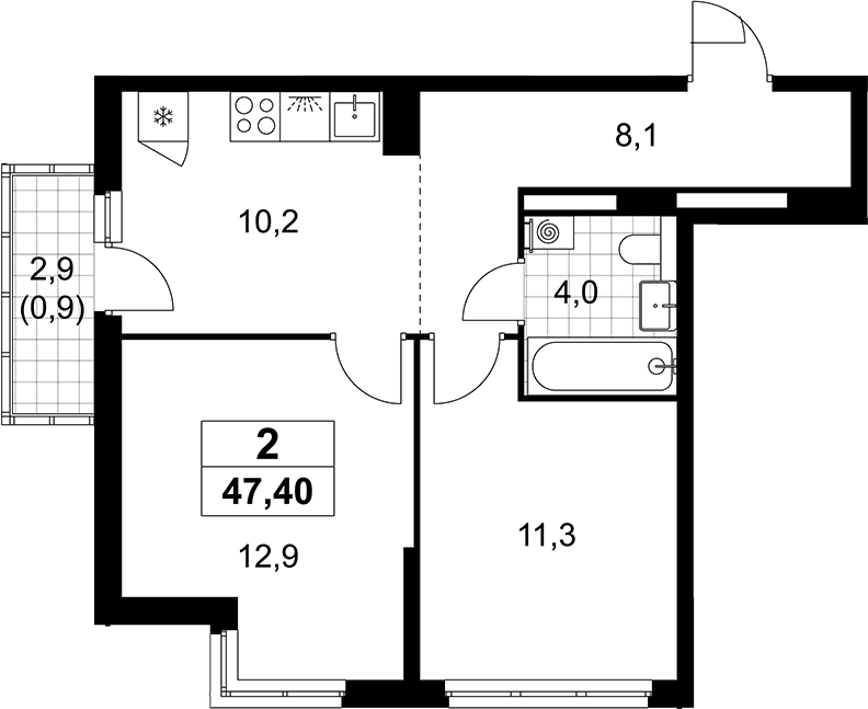 Планировка: 2-комнатная квартира 46,5 м² в ЖК «Деснаречье»
