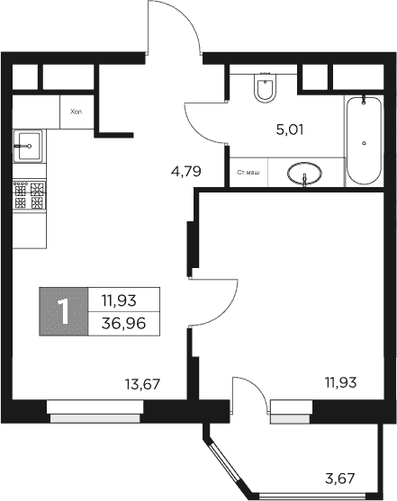 Планировка: 1-комнатная квартира 35,1 м² в ЖК «Восток 2»