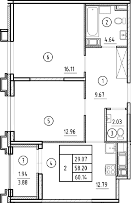 Планировка: 2-комнатная квартира 58,2 м² в ЖК «Ассамблея»