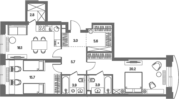 Планировка: Евротрёшка 76,9 м² в ЖК «КОД Сокольники»