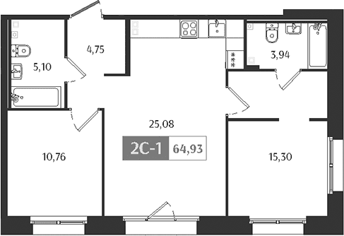 Планировка: Евротрёшка 64,9 м² в ЖК «Ranta Residence»
