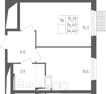 Планировка: 1-комнатная квартира 34,4 м² в ЖК «Мытищи Парк»