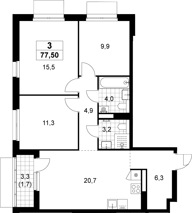 Планировка: Квартира евро-4 75,8 м² в ЖК «Деснаречье»