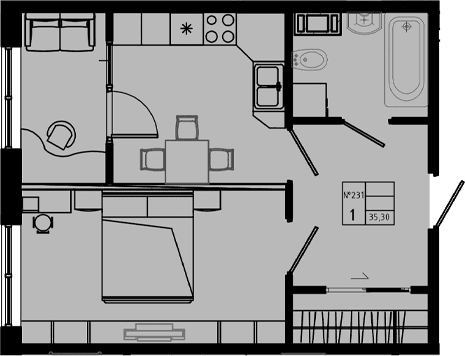 Планировка: 1-комнатная квартира 35,3 м² в ЖК «PIXEL»