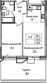 Планировка: Евродвушка 45,2 м² в ЖК «УНО.Соколиная гора»