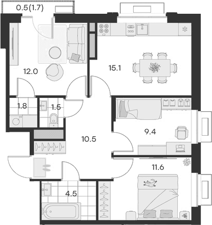 Планировка: 3-комнатная квартира 66,4 м² в ЖК «Михалевич»