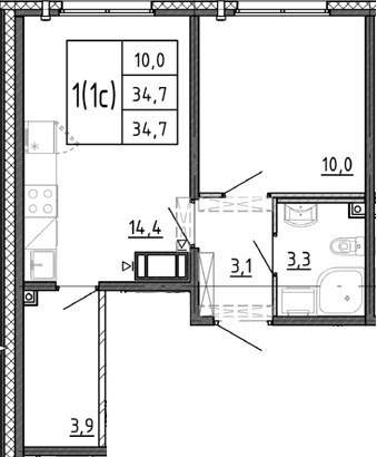 Планировка: 1-комнатная квартира 34,7 м² в ЖК «Ручьи 2»