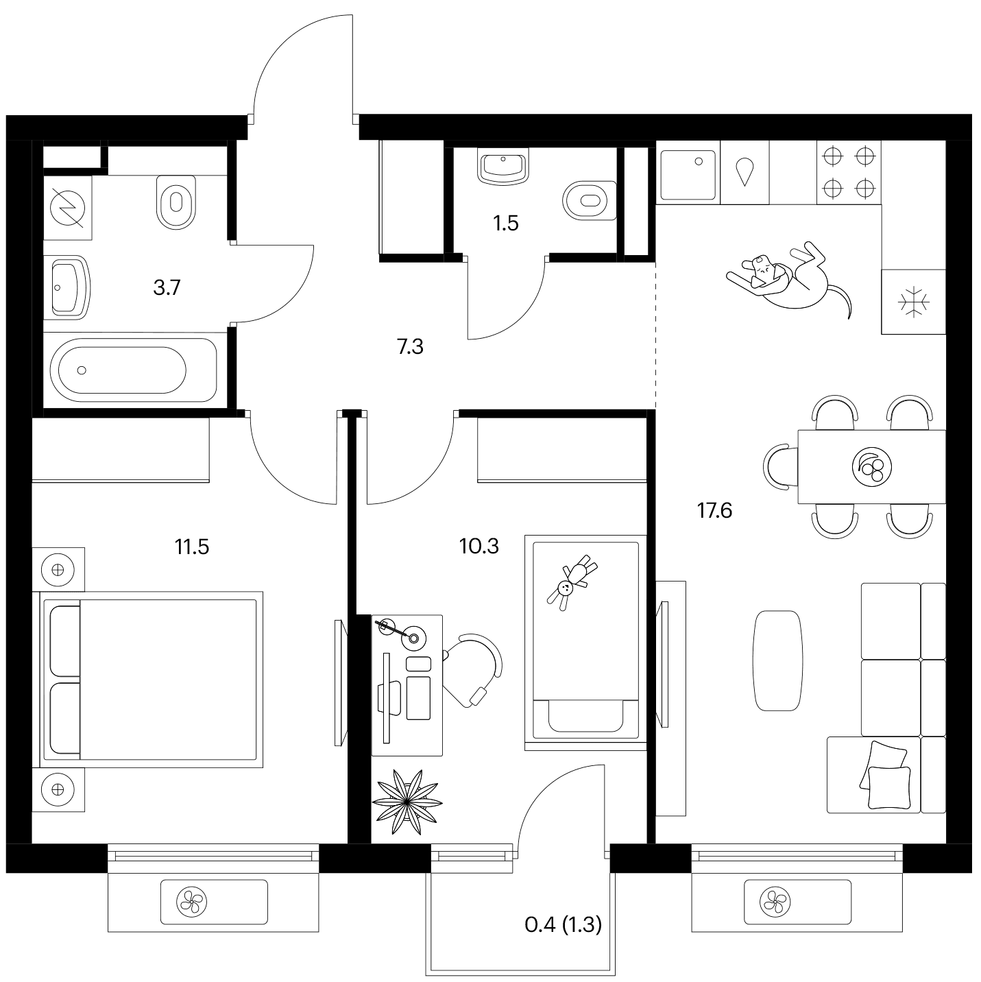 Планировка: 2-комнатная квартира 51,9 м² в ЖК «Белая Дача парк»