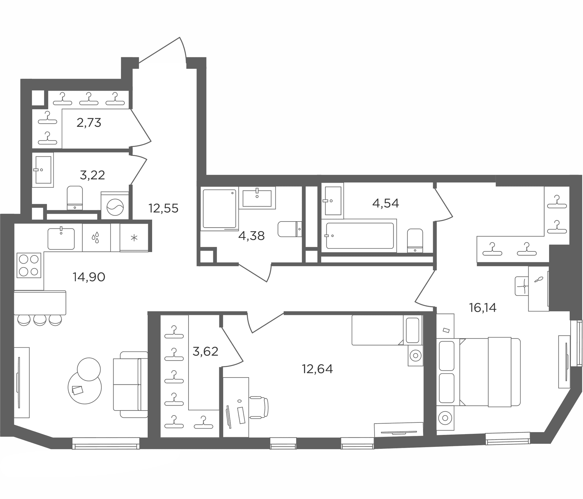 Планировка: 2-комнатная квартира 74,7 м² в ЖК «Сикрет Гарден»
