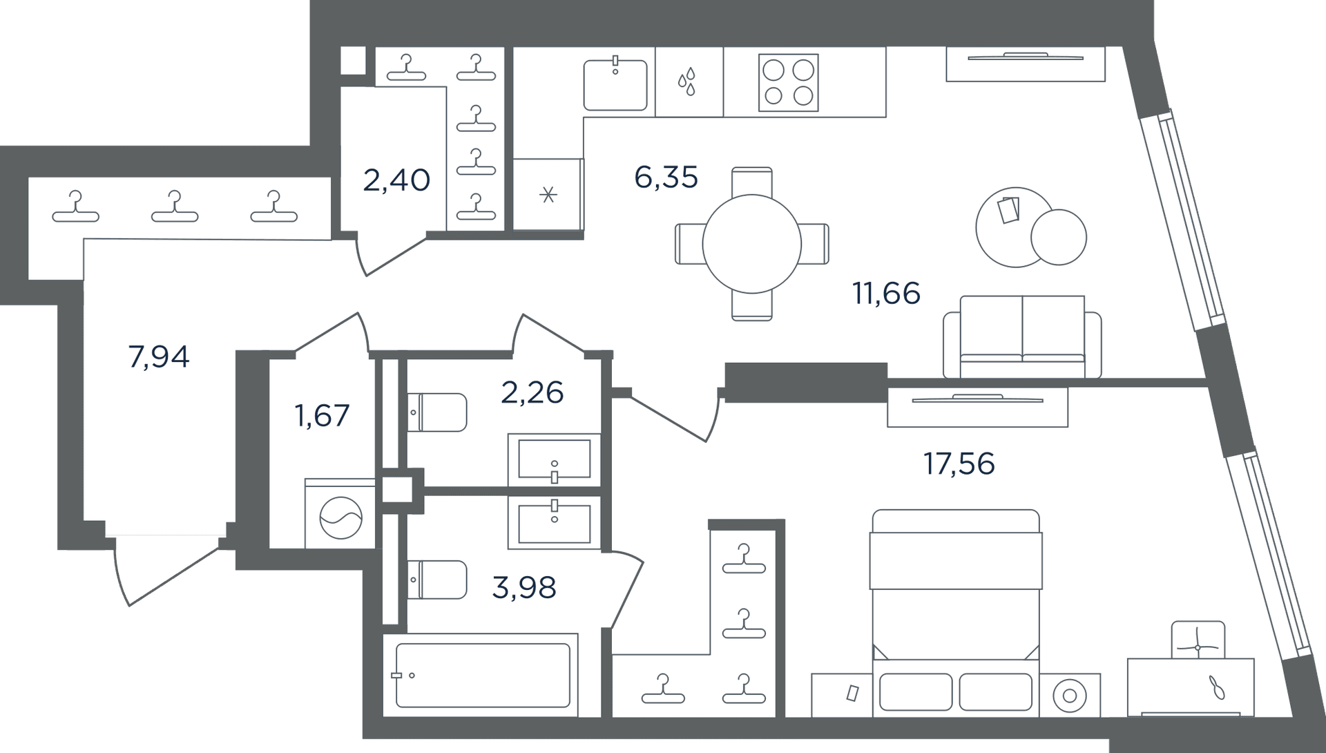 Планировка: Евродвушка 53,8 м² в ЖК «Сикрет Гарден»