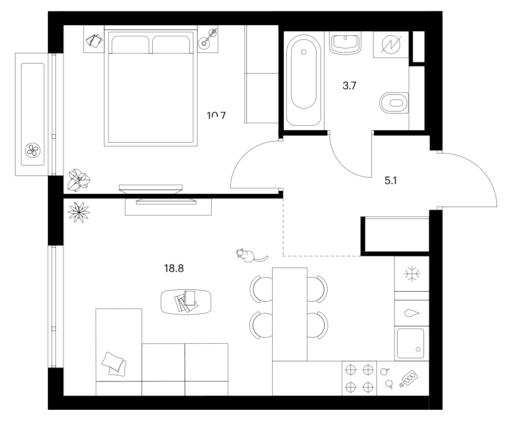 Планировка: 1-комнатная квартира 38,3 м² в ЖК «Белая Дача парк»