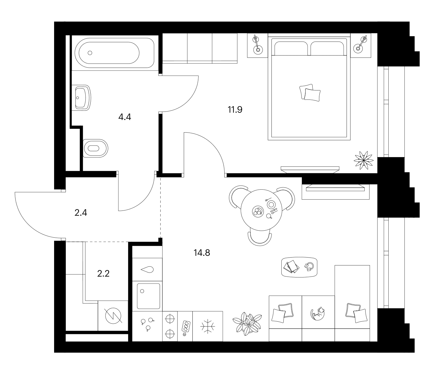 Планировка: 1-комнатная квартира 35,7 м² в ЖК «Зеленый парк»