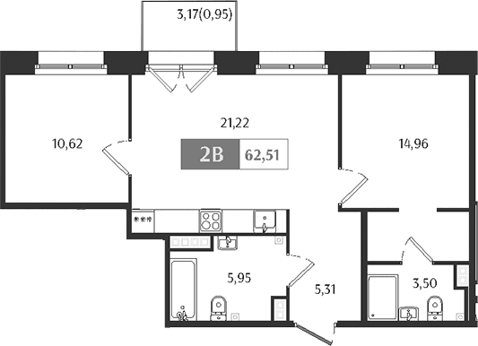Планировка: Евротрёшка 61,6 м² в ЖК «Ranta Residence»