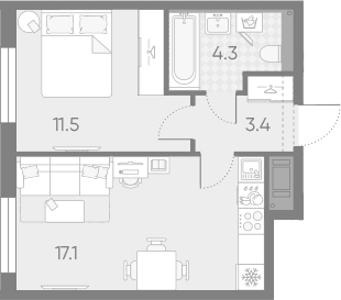 Планировка: Евродвушка 36,3 м² в ЖК «Большая Охта»