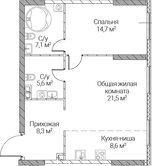 Планировка: Евродвушка 65,8 м² в ЖК «СЕЗАР СИЛИКА»