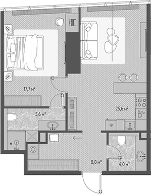 Планировка: Евродвушка 60,9 м² в ЖК «ОНЕ»