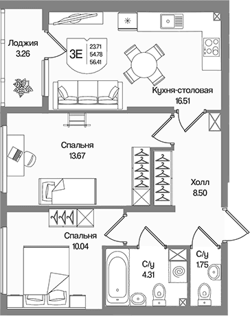 Планировка: Евротрёшка 54,8 м² в ЖК «Охтинские высоты»